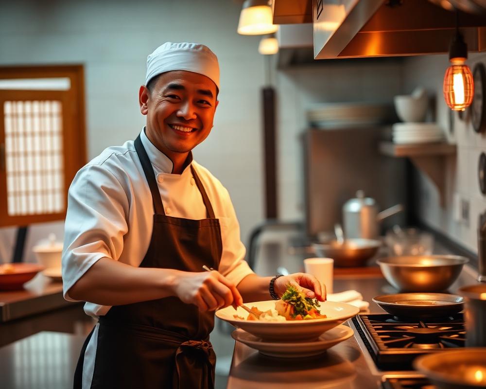Friendly chef plating a dish